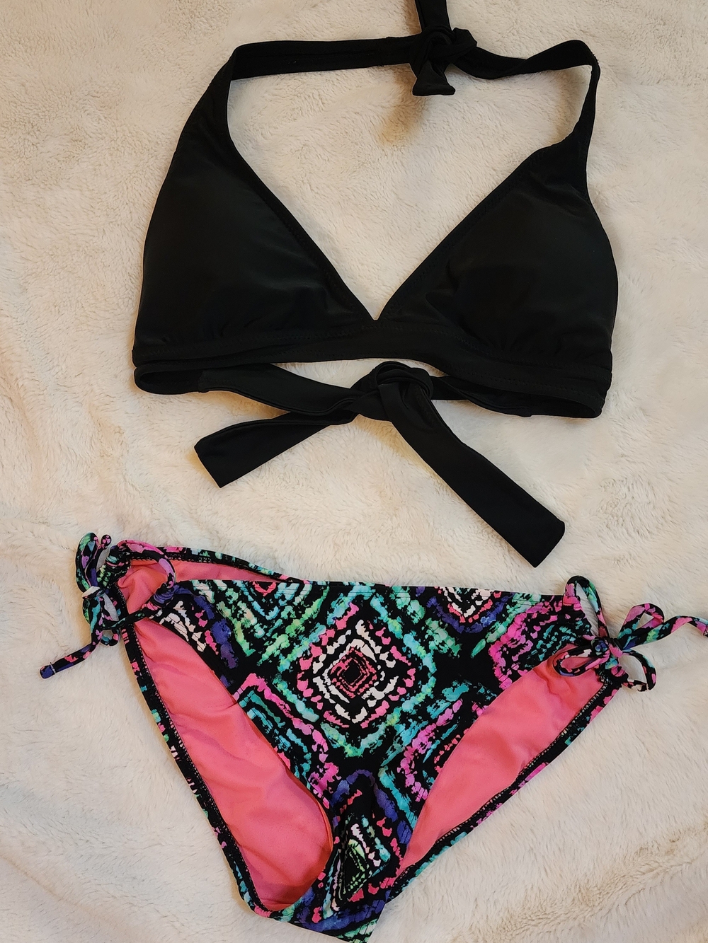 Black Halter Bikini Top with Multicolor Tribal Tie-Side Bottoms